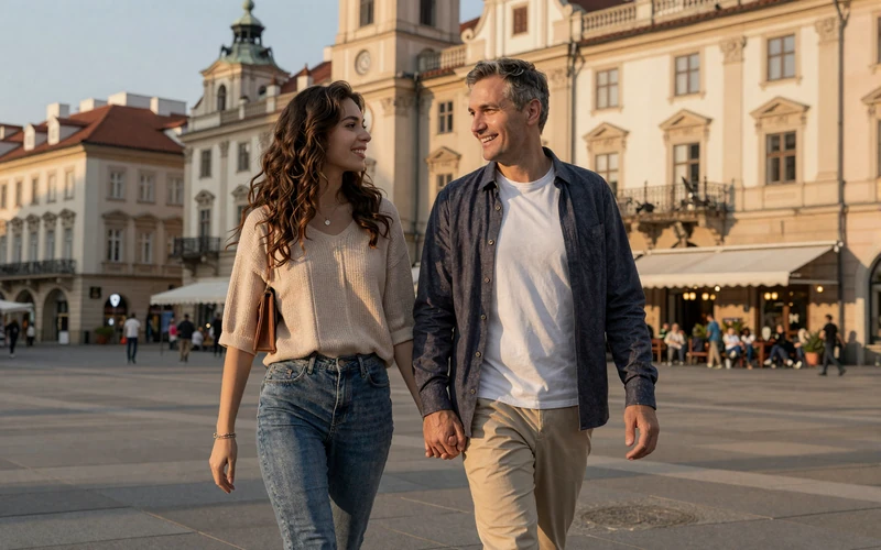 Successful international couple who met through online dating platform enjoying time together in Europe