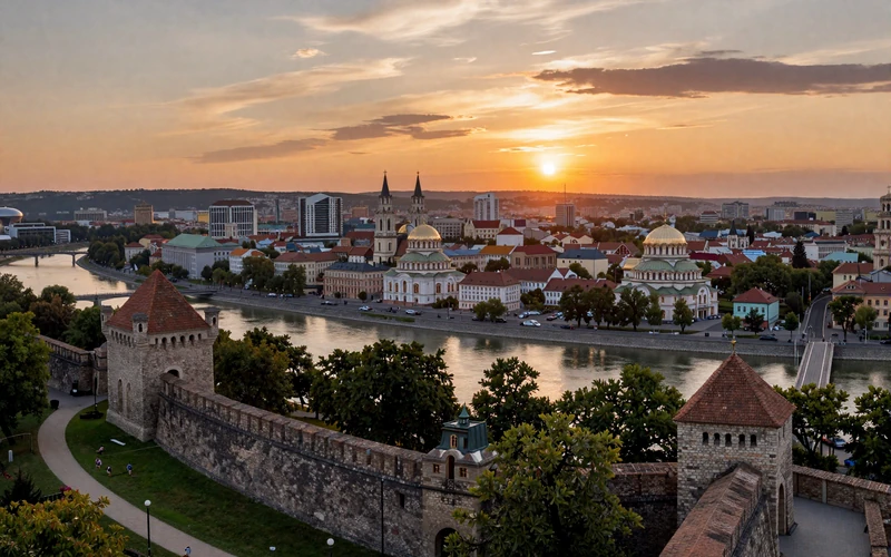 Beautiful sunset view of Belgrade cityscape showing Kalemegdan Fortress and rivers, ideal location for meeting Serbian brides