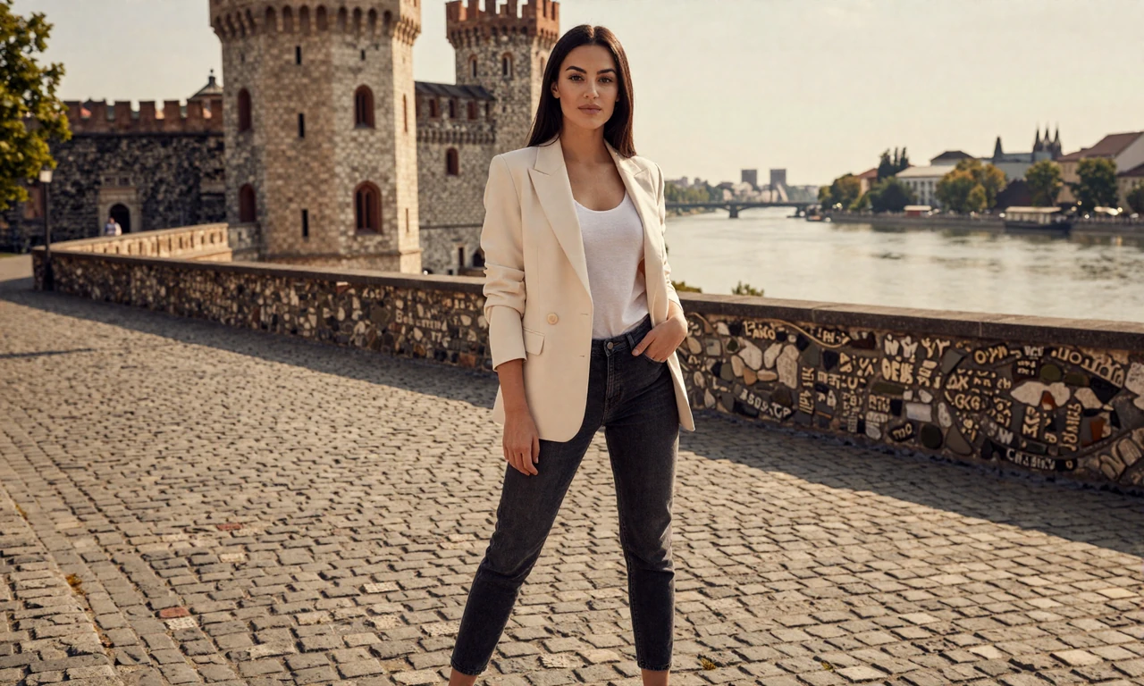 Full body portrait of elegant Serbian woman in historic Belgrade showcasing typical Serbian bride style and confidence
